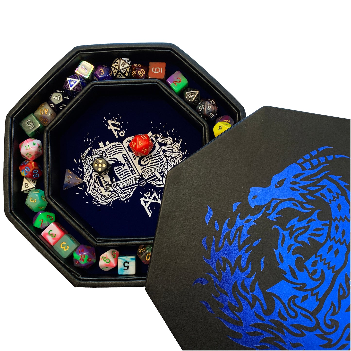 Blue Fire Dragon Wizard - Dice Tray - 9" Octagon with Lid and Dice Staging Area