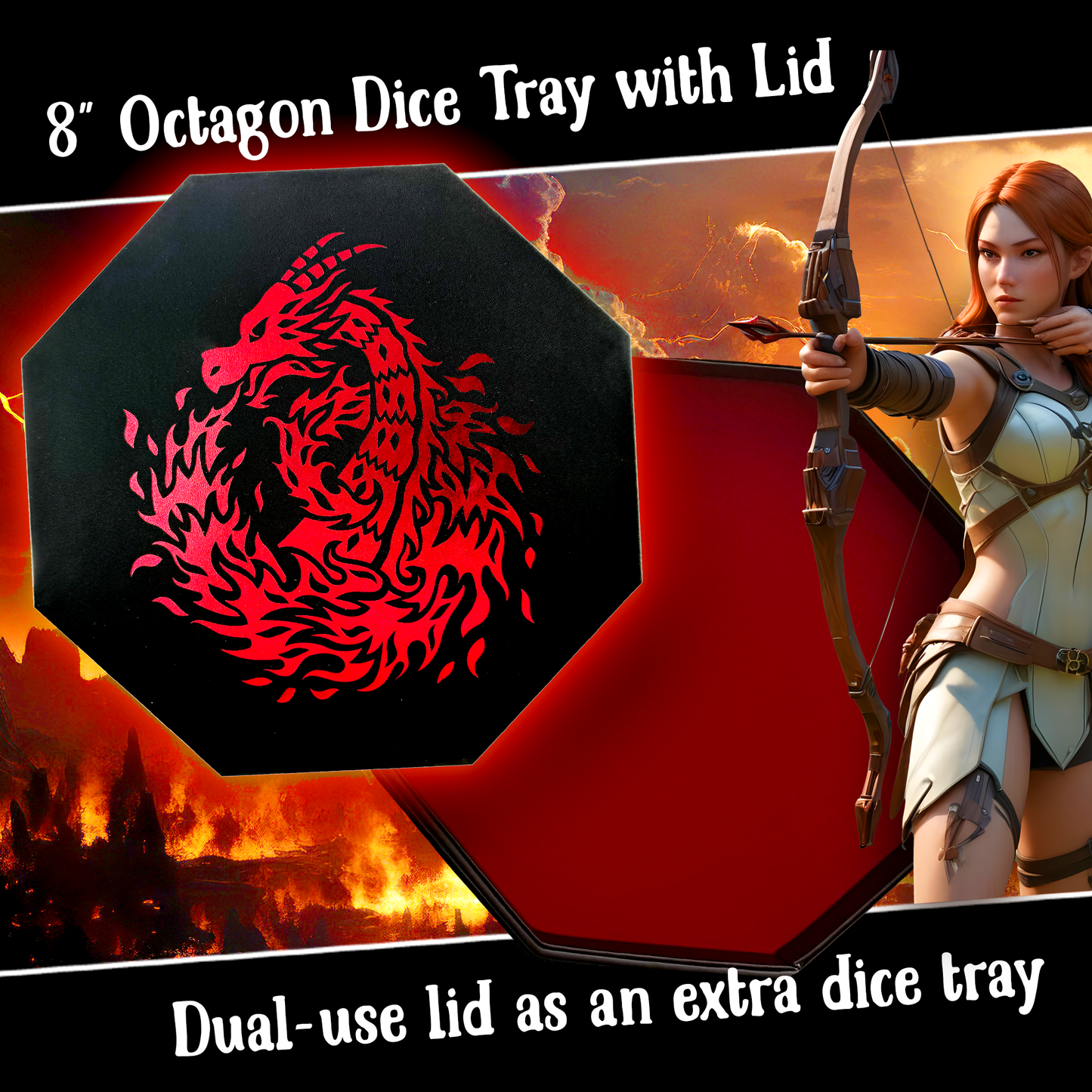 RED Fire Dragon - Dice Tray - 9"/23CM Octagon with Lid and Dice Staging Area