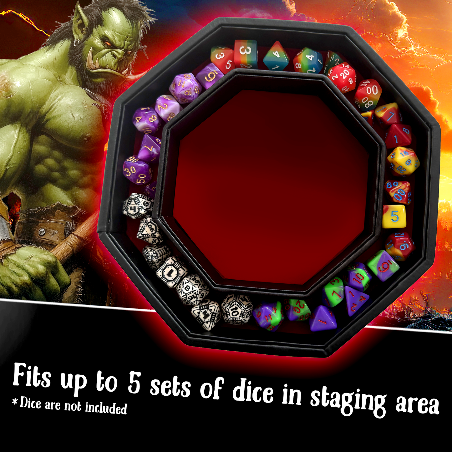 RED Fire Dragon - Dice Tray - 9"/23CM Octagon with Lid and Dice Staging Area